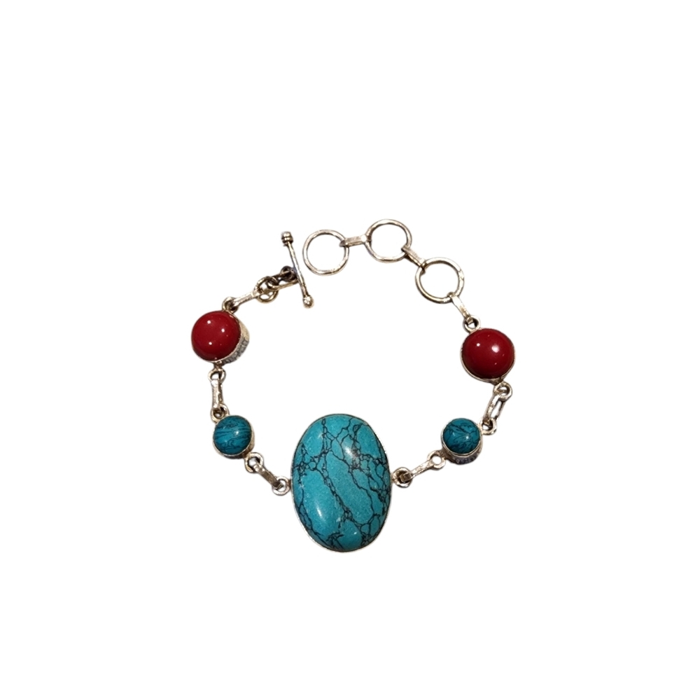 Turquoise spiny oyster sterling g bezel set bracelet